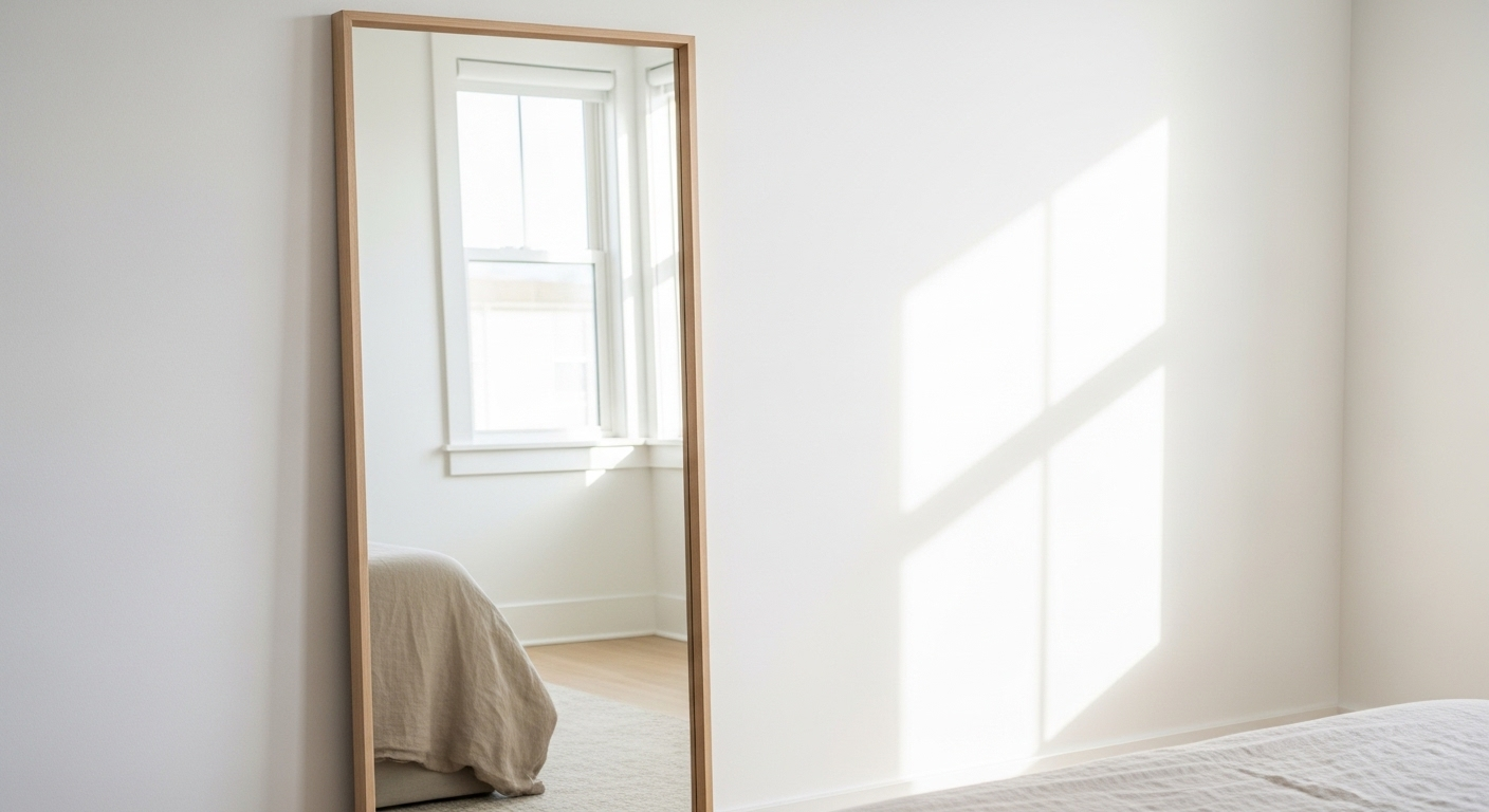 Gương decor phòng ngủ giá rẻ khung gỗ sáng, đặt dọc tường trắng, giúp không gian thêm rộng rãi và sáng tự nhiên.