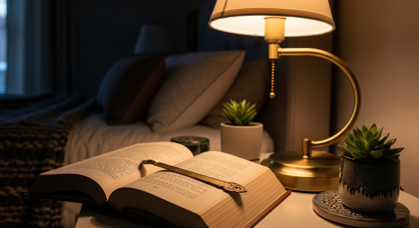 sách mở, đèn đọc ánh sáng vàng trên bàn đầu giường, tạo không gian thư giãn trước khi ngủ. sách mở, đèn đọc ánh sáng vàng trên bàn đầu giường, tạo không gian thư giãn trước khi ngủ.