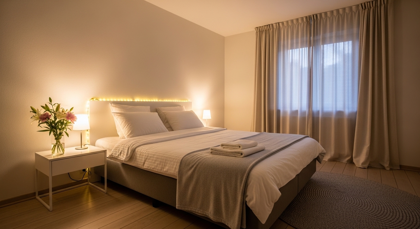 Phòng ngủ gọn gàng, ấm cúng với ga giường sáng màu, đèn LED dây và hoa tươi trên bàn đầu giường, rất phù hợp trang trí phòng ngủ 20/10.