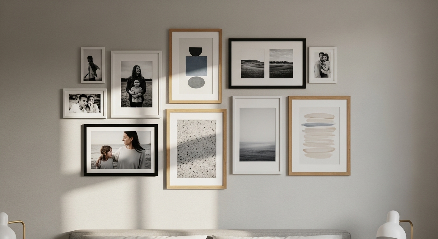 Bức tường phòng ngủ màu trung tính được trang trí bằng bộ sưu tập tranh và ảnh khung với các tác phẩm nghệ thuật trừu tượng đơn giản và ảnh cá nhân đa dạng kích cỡ, thể hiện phong cách trang trí phòng ngủ đơn giản tiết kiệm. Bóng đổ tinh tế từ cửa sổ tăng thêm chiều sâu.