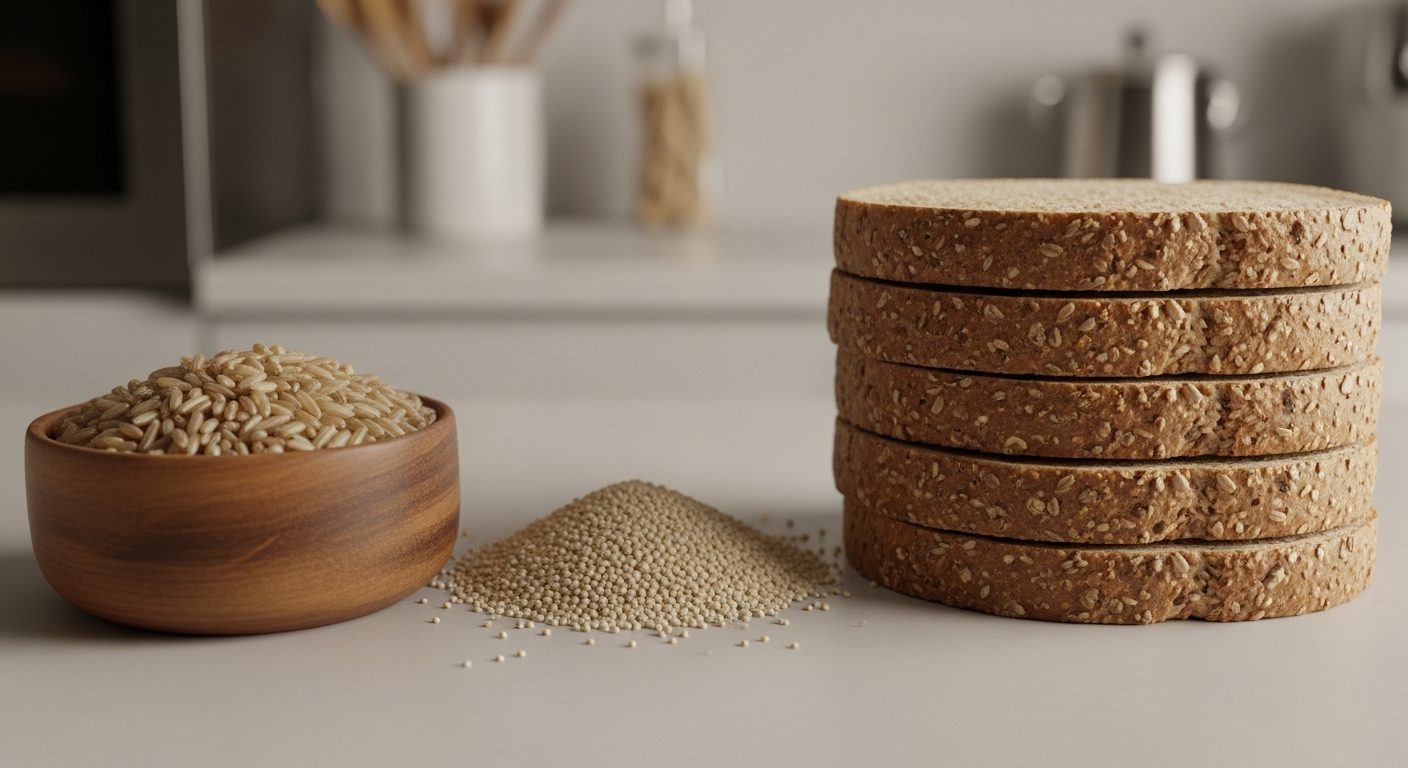 Gạo lứt, diêm mạch, và bánh mì nguyên cám được sắp xếp đẹp mắt trên bàn bếp. Đây là những ngũ cốc nguyên hạt giàu dinh dưỡng, mang lại lợi ích của chất xơ quan trọng cho sức khỏe tiêu hóa và tim mạch.