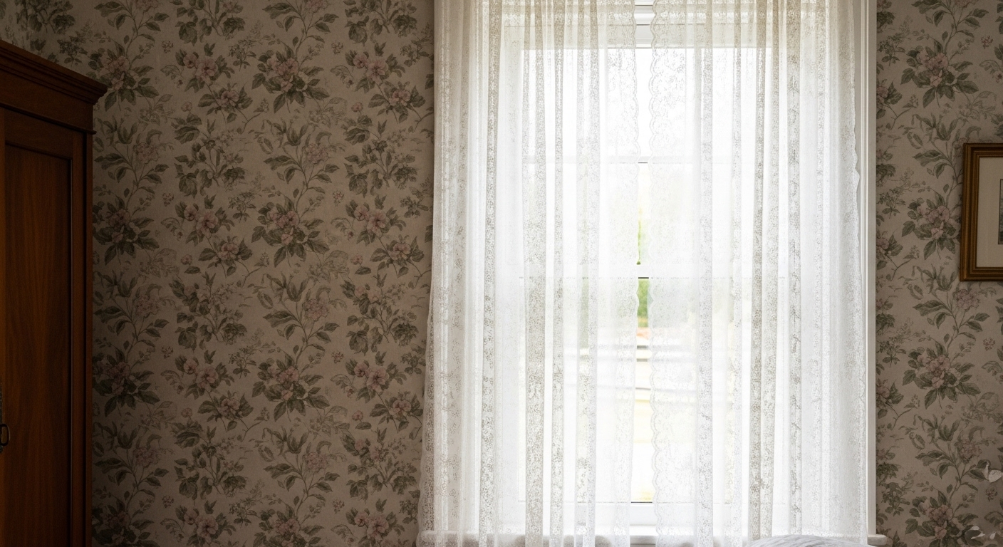 Trang trí phòng ngủ Vintage với giấy dán tường hoa lá (xanh, hồng phấn trên nền kem), rèm ren trắng đón ánh sáng tự nhiên, cùng góc tủ gỗ tối màu, tạo không gian sáng và thanh lịch.