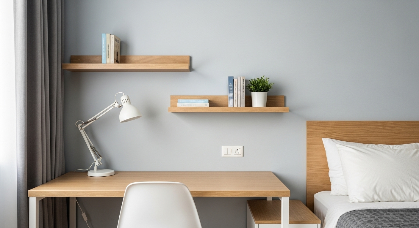 Góc bàn học/làm việc tối giản, gọn gàng trong phòng ngủ với bàn gỗ sáng, kệ nổi và cây xanh, mang đến ý tưởng tuyệt vời để tự trang trí phòng ngủ đơn giản. Góc bàn học/làm việc tối giản, gọn gàng trong phòng ngủ với bàn gỗ sáng, kệ nổi và cây xanh, mang đến ý tưởng tuyệt vời để tự trang trí phòng ngủ đơn giản.