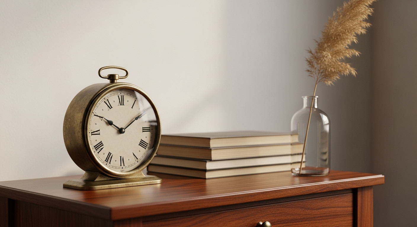 Đồng hồ bàn vintage vỏ đồng, sách cũ và cỏ lau trên tủ đầu giường gỗ tối màu, tạo điểm nhấn cho trang trí phòng ngủ vintage ấm cúng.