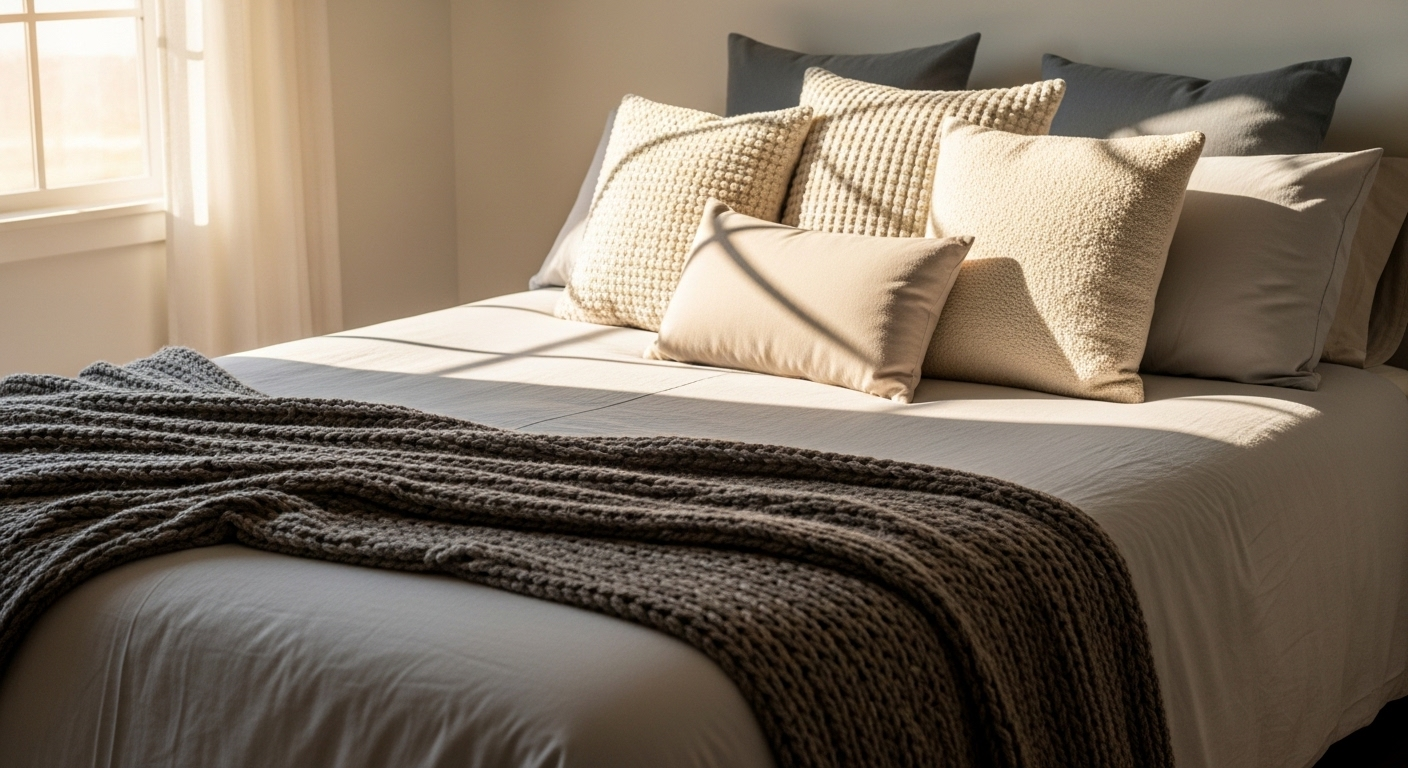 giường ngủ được bài trí gọn gàng với các phụ kiện trang trí phòng ngủ như gối tựa đa dạng và chăn đan mềm mại, tạo không gian ấm cúng dưới ánh sáng ban mai.