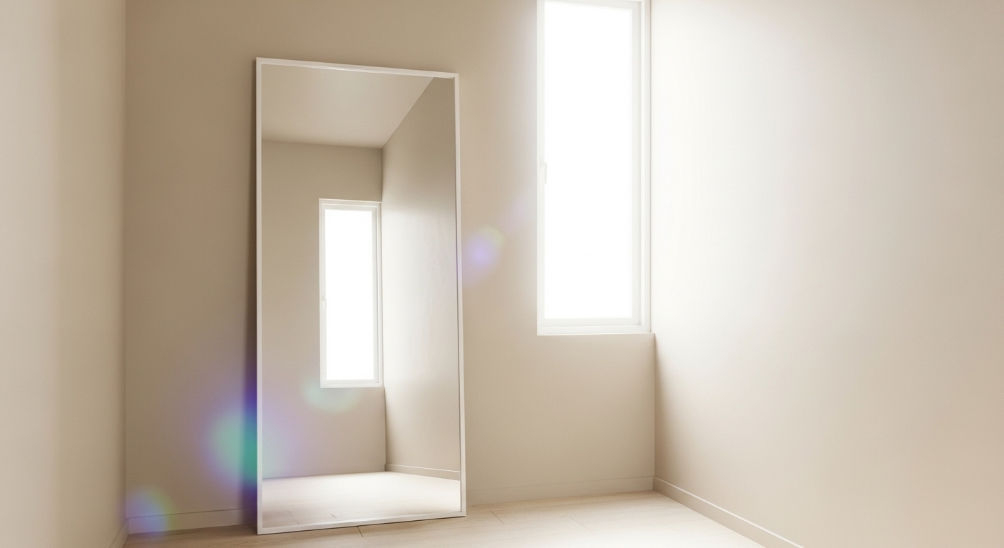 Gương toàn thân lớn trong phòng ngủ tối giản, phản chiếu ánh sáng tự nhiên và tạo cảm giác không gian rộng rãi. Đây là giải pháp thông minh để trang trí phòng ngủ đơn giản ít tốn kém, giúp phòng luôn sáng sủa và thoáng đãng.