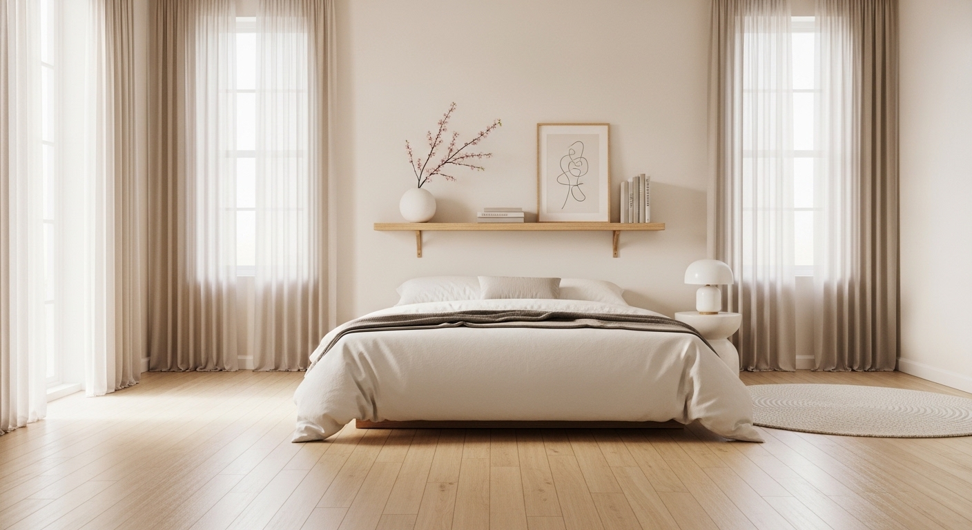 Phòng ngủ tối giản rộng rãi với giường thấp, ga trắng tinh, sàn gỗ sáng và kệ treo tường trang nhã. Một ví dụ hoàn hảo về trang trí phòng ngủ tối giản, mang lại không gian thanh bình và thoáng đãng.