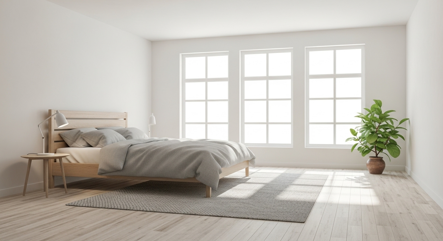 Phòng ngủ đẹp phong cách Scandinavian sáng sủa, tối giản và ấm cúng với nội thất gỗ sáng màu, tường trắng, thảm xám nhạt và cửa sổ lớn đón ánh sáng tự nhiên.