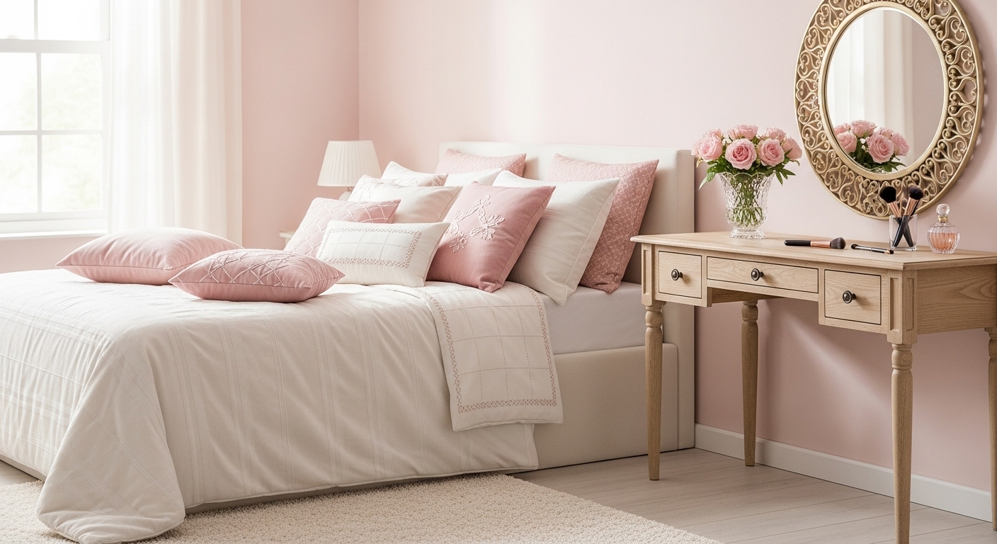 Phòng ngủ sang trọng tông hồng kem pastel, bàn trang điểm gương tròn và lọ hoa hồng tinh tế.
