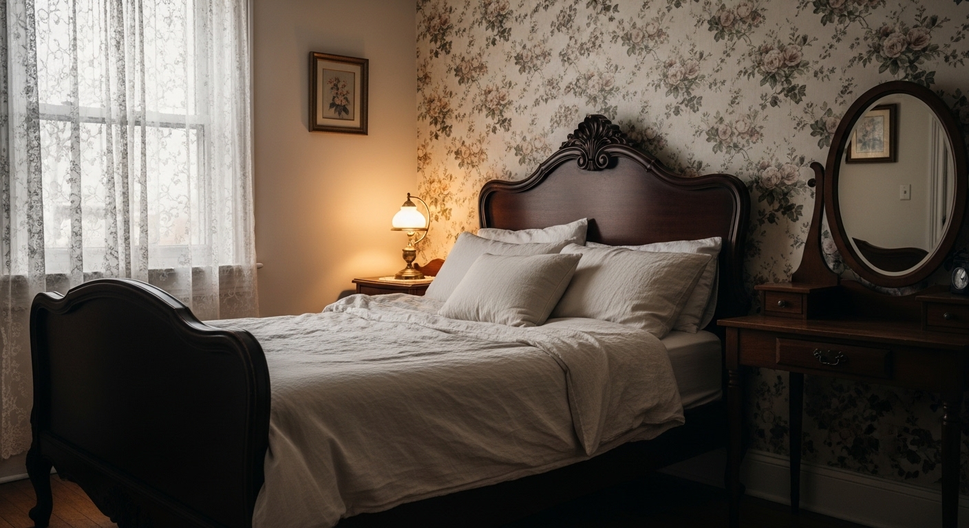 Trang trí phòng ngủ vintage lãng mạn với giường gỗ chạm khắc, giấy dán tường hoa văn và rèm ren trắng.