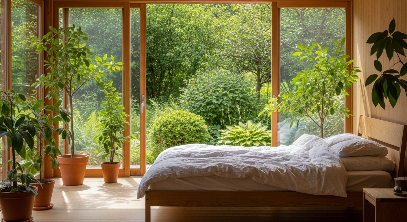 Trang trí phòng ngủ tự nhiên thanh bình với cửa kính lớn nhìn ra vườn xanh mát, nội thất gỗ sáng màu và cây xanh trong chậu đất nung.