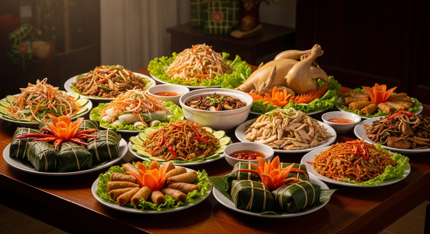 Mâm cỗ Tết truyền thống Việt Nam bày biện đẹp mắt với salad, nem, bánh chưng tươi ngon, gợi nhắc mẹo bảo quản thực phẩm tươi ngon ngày Tết.