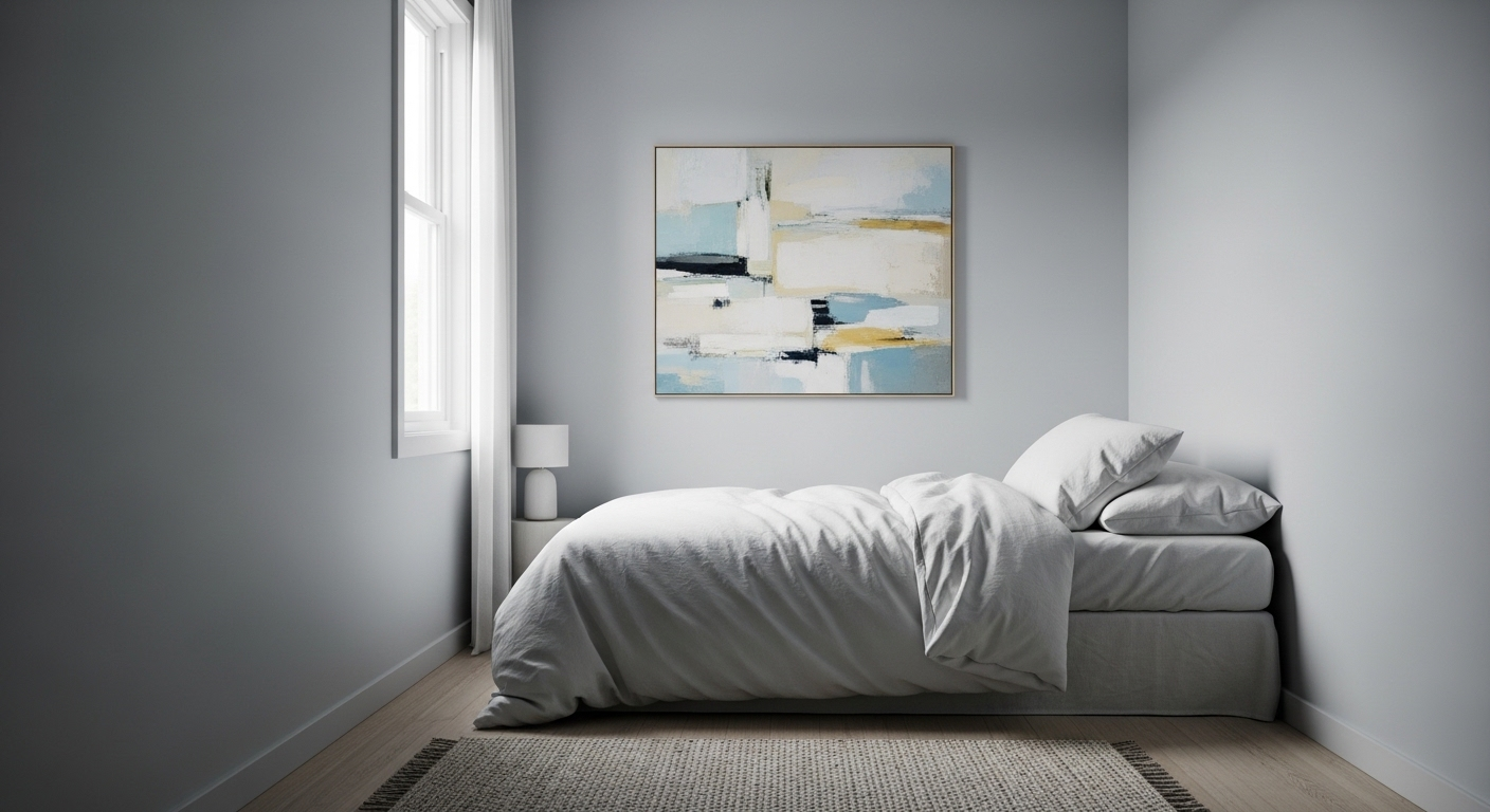 Phòng ngủ nhỏ yên bình với tường xám nhạt, giường trắng và tranh trừu tượng. Ý tưởng trang trí phòng ngủ nhỏ hiện đại, tối giản.