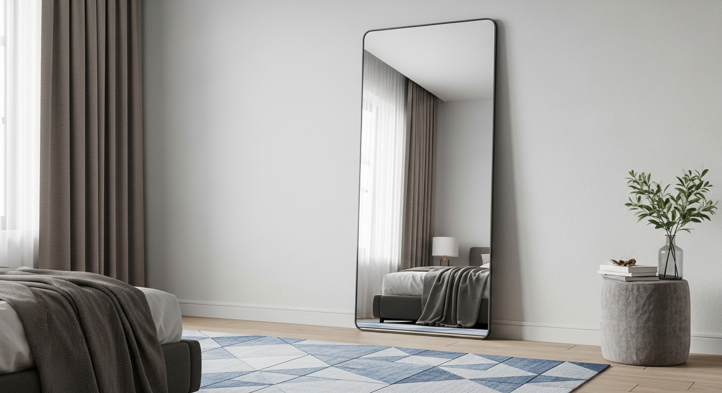 Gương lớn khung tối phản chiếu giúp trang trí phòng ngủ hiện đại thêm rộng rãi, với thảm hình học tông lạnh và chăn lông mềm mại.