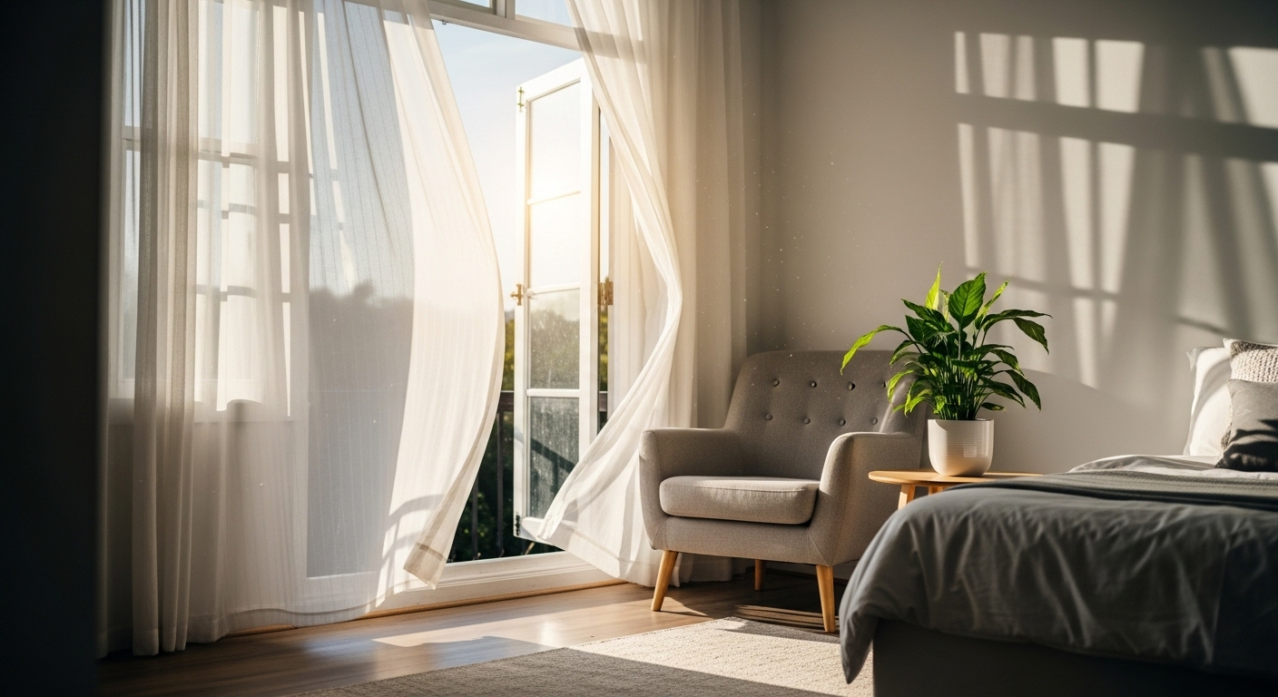Phòng ngủ sáng sủa, thoáng đãng với rèm trắng bay nhẹ đón nắng sớm. Ghế bành thoải mái và cây xanh tạo không gian tươi mới, là gợi ý trang trí phòng ngủ lý tưởng.