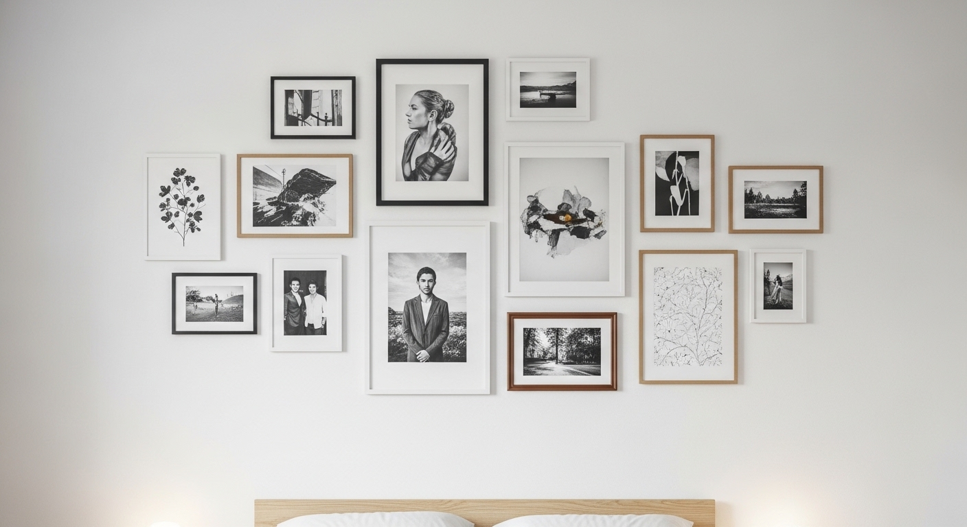 Tường gallery tranh ảnh cá nhân với khung đa dạng, sắp xếp đối xứng trên tường trắng, tạo điểm nhấn độc đáo cho trang trí phòng ngủ.