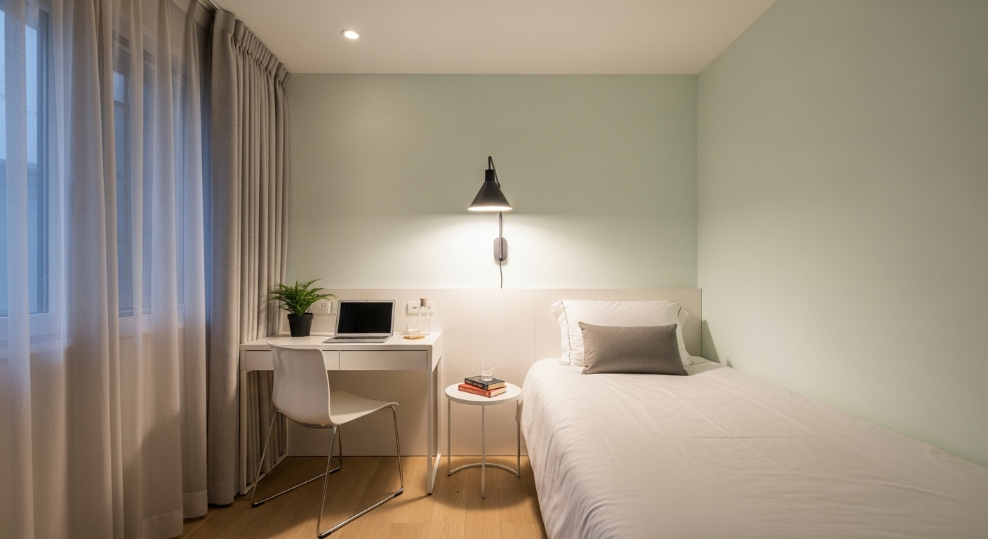 Phòng ngủ nhỏ gọn với tường màu pastel, chiếu sáng bằng đèn âm trần và đèn treo tường hiện đại trên đầu giường, mang đến gợi ý tuyệt vời cho việc trang trí nội thất phòng ngủ vừa và nhỏ.