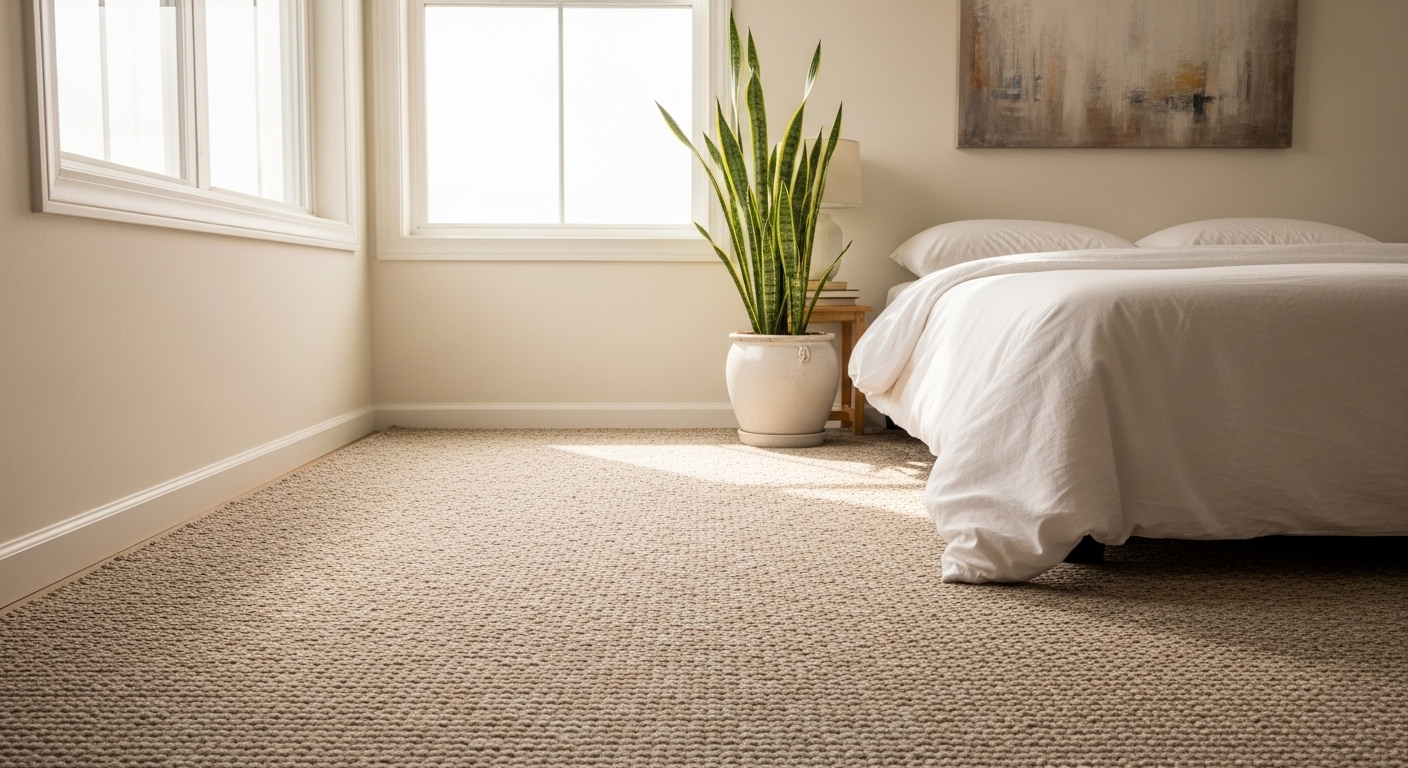 Decor phòng ngủ nhỏ sáng sủa với thảm be mềm mại, cây lưỡi hổ xanh tươi trên bàn đầu giường tạo không gian thư giãn.