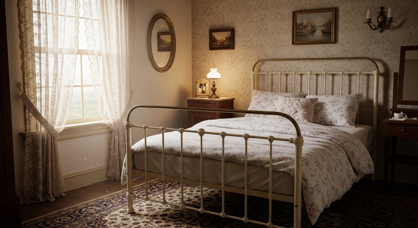 Ý tưởng trang trí phòng ngủ nhỏ cho nữ với phong cách vintage, giường sắt rèn màu kem, ga trải giường hoa hồng pastel và rèm ren tinh tế đón ánh sáng dịu nhẹ.
