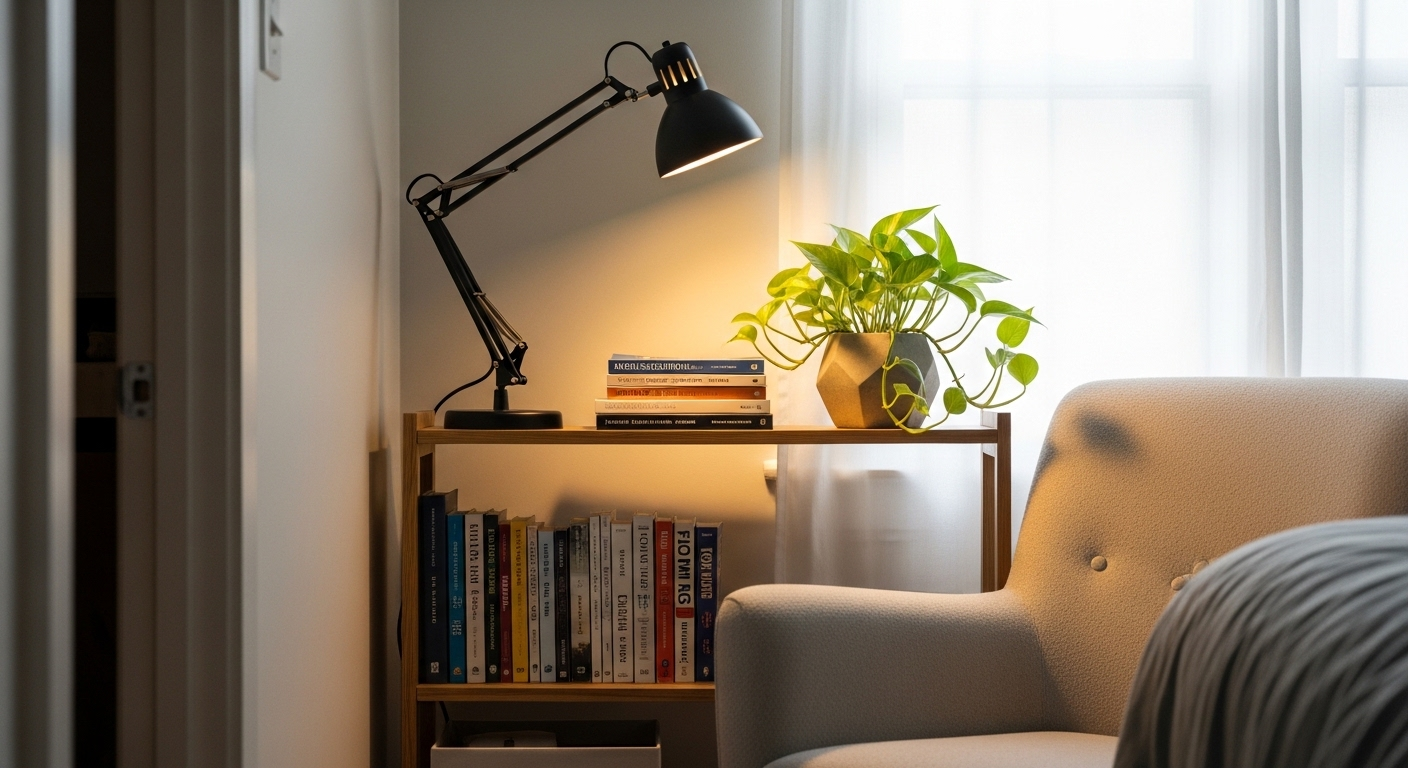 Góc đọc sách ấm cúng với kệ sách gỗ treo tường, cây xanh và đèn đọc sách bên ghế bành êm ái, tạo không gian thư giãn lý tưởng. Mẫu trang trí phòng ngủ hiện đại và bình yên.