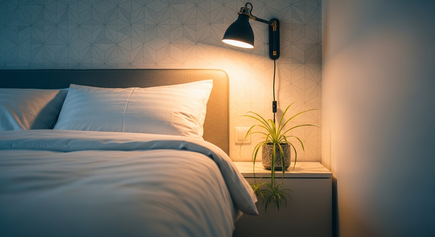 Trang trí phòng ngủ nhỏ hiện đại với tường nhấn giấy dán tường hình học nhẹ nhàng, giường trắng và cây xanh cùng đèn đọc sách ánh sáng ấm áp.