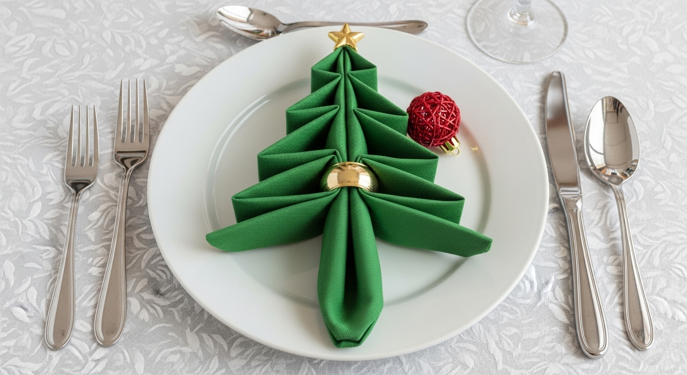 Đĩa trắng, khăn ăn xanh xếp hình cây thông, dao dĩa bạc và quả cầu đỏ trang trí.