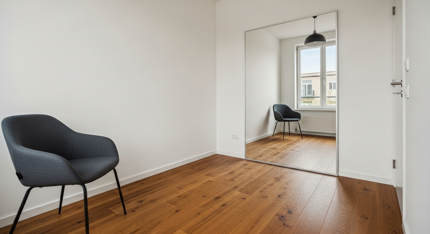 gương lớn không khung phản chiếu ánh sáng tự nhiên, giúp không gian ấm áp, gọn gàng này trở nên rộng rãi hơn trên sàn gỗ.