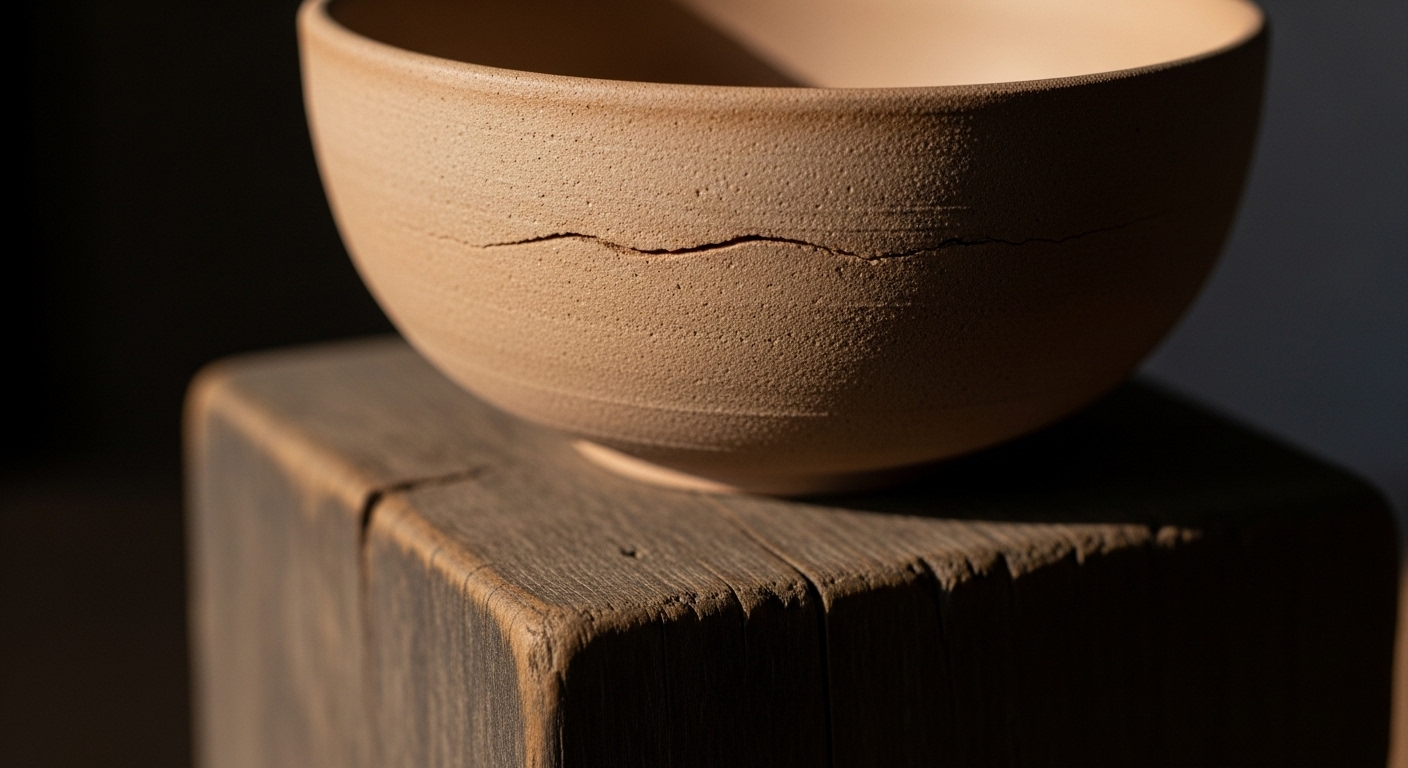 Bát gốm thủ công mộc mạc với vết nứt tự nhiên, đặt trên khối gỗ thô, tôn vinh vẻ đẹp Wabi-sabi cho trang trí phòng ngủ phong cách Nhật Bản.