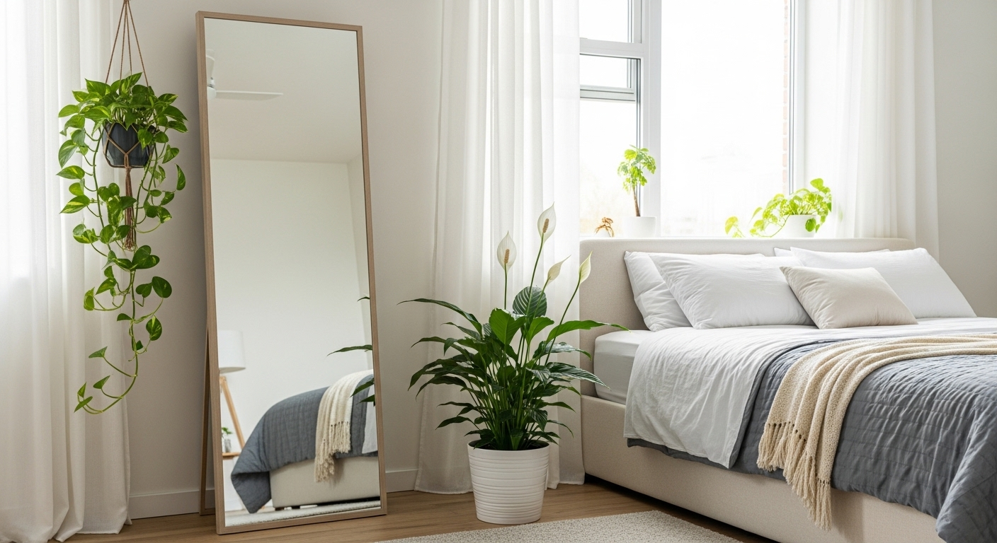 Phòng ngủ cảm giác rộng rãi với gương lớn và cây xanh là một cách trang trí phòng ngủ hiệu quả. Gương hình chữ nhật phản chiếu cây trầu bà treo tường và cây vạn lộc trong chậu, mang lại không gian tươi mát.