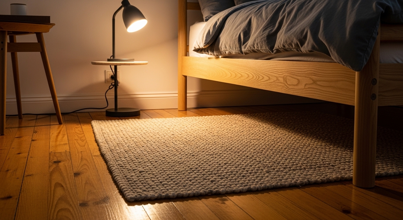 Thảm dệt be ấm cúng, đèn ngủ tối giản với ánh sáng ấm áp trên sàn gỗ cạnh giường, là ý tưởng hay cho cách trang trí phòng ngủ nhỏ.