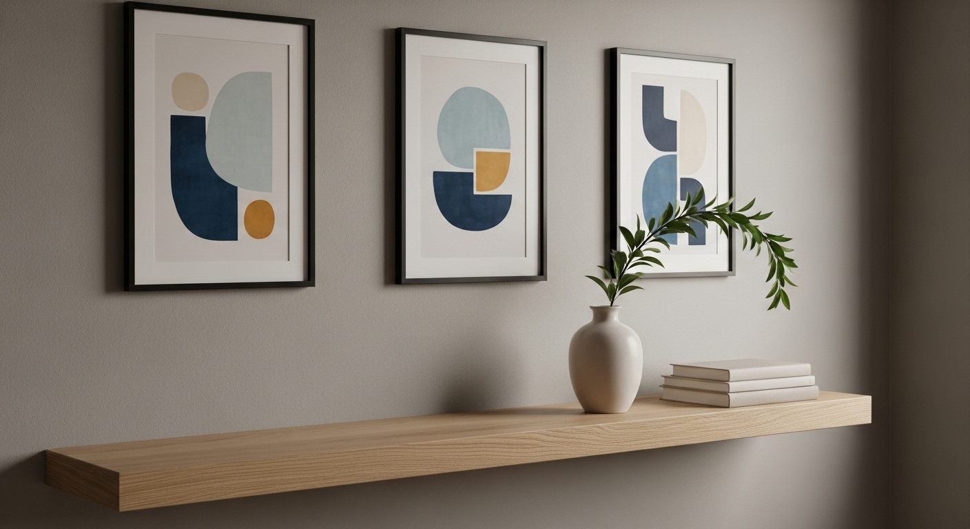 Decor phòng ngủ tinh tế với ba tranh trừu tượng hình học trên kệ gỗ nổi, cùng lọ hoa và sách.