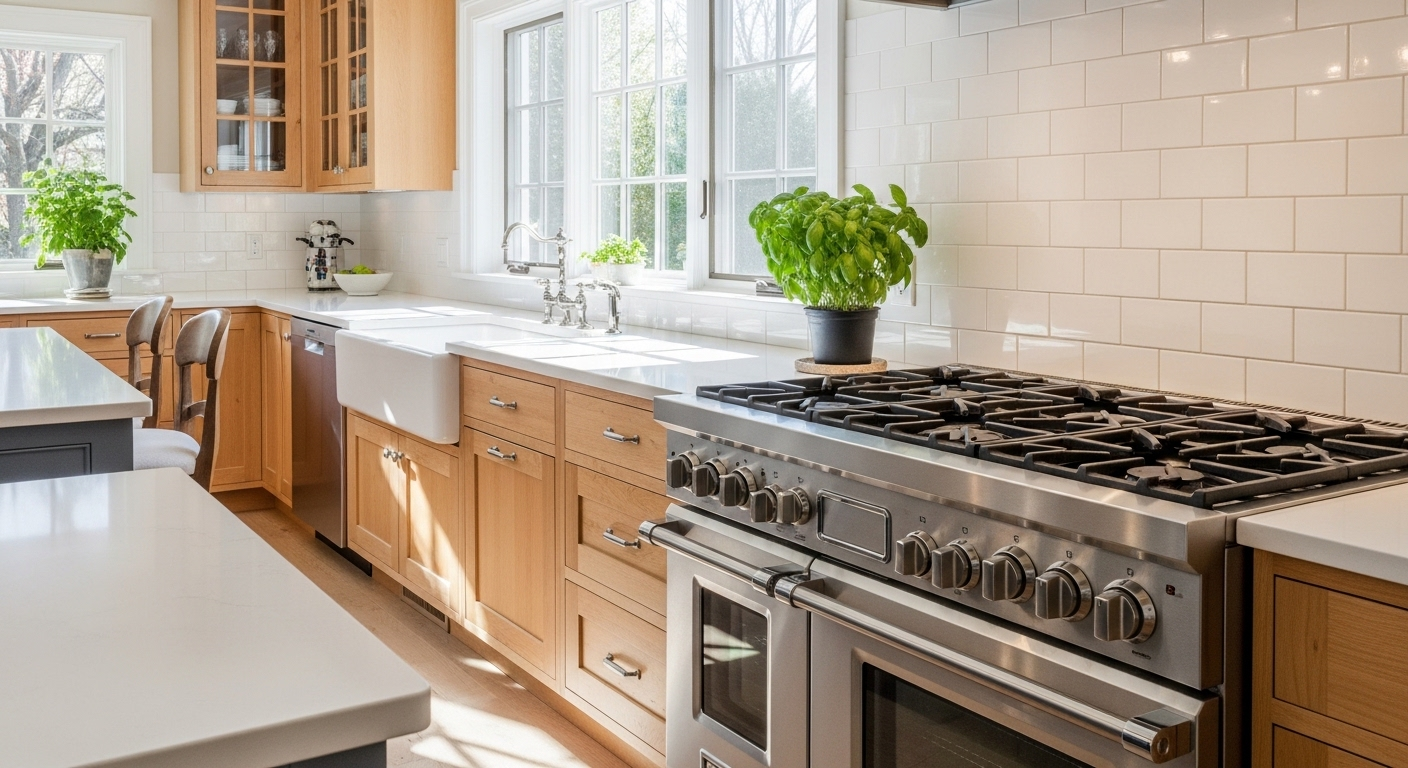 Bếp ga sáng bóng, kiềng sạch tinh tươm trong căn bếp gọn gàng, tràn ngập ánh sáng tự nhiên cùng chậu cây gia vị tươi mát. Minh họa cách vệ sinh bếp ga hiệu quả.