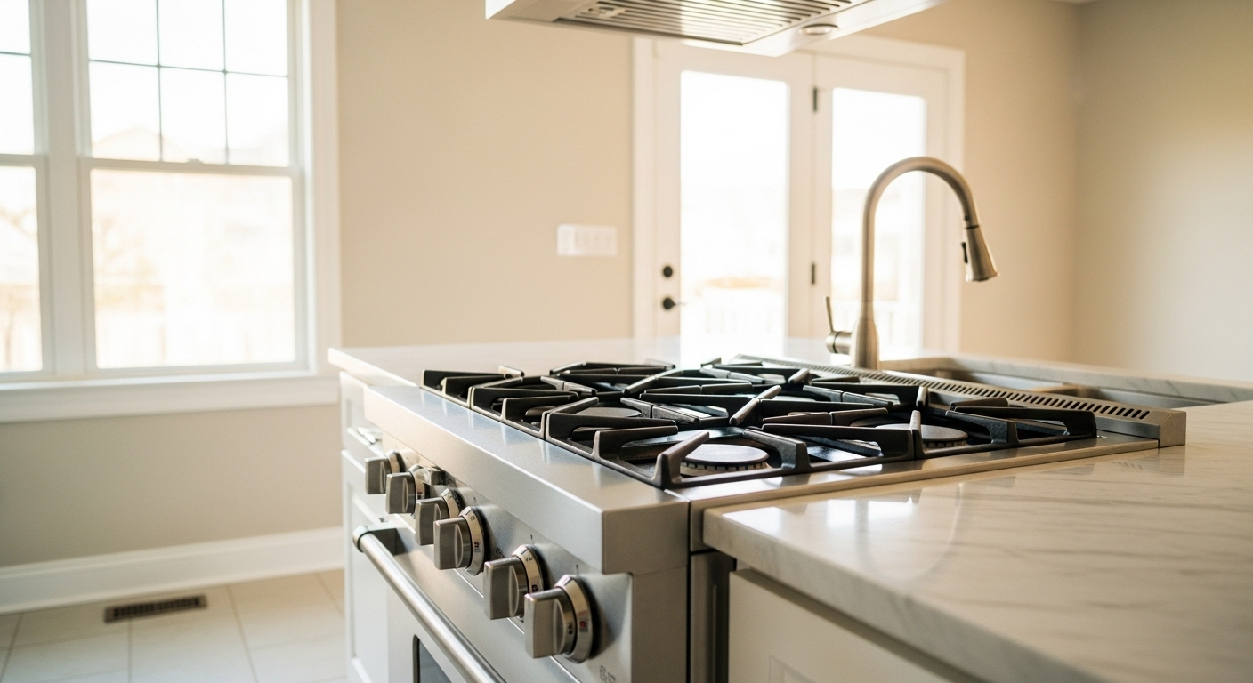 Bếp ga inox sáng bóng, sạch tinh tươm trong căn bếp hiện đại, minh chứng cho việc vệ sinh bếp ga hiệu quả.