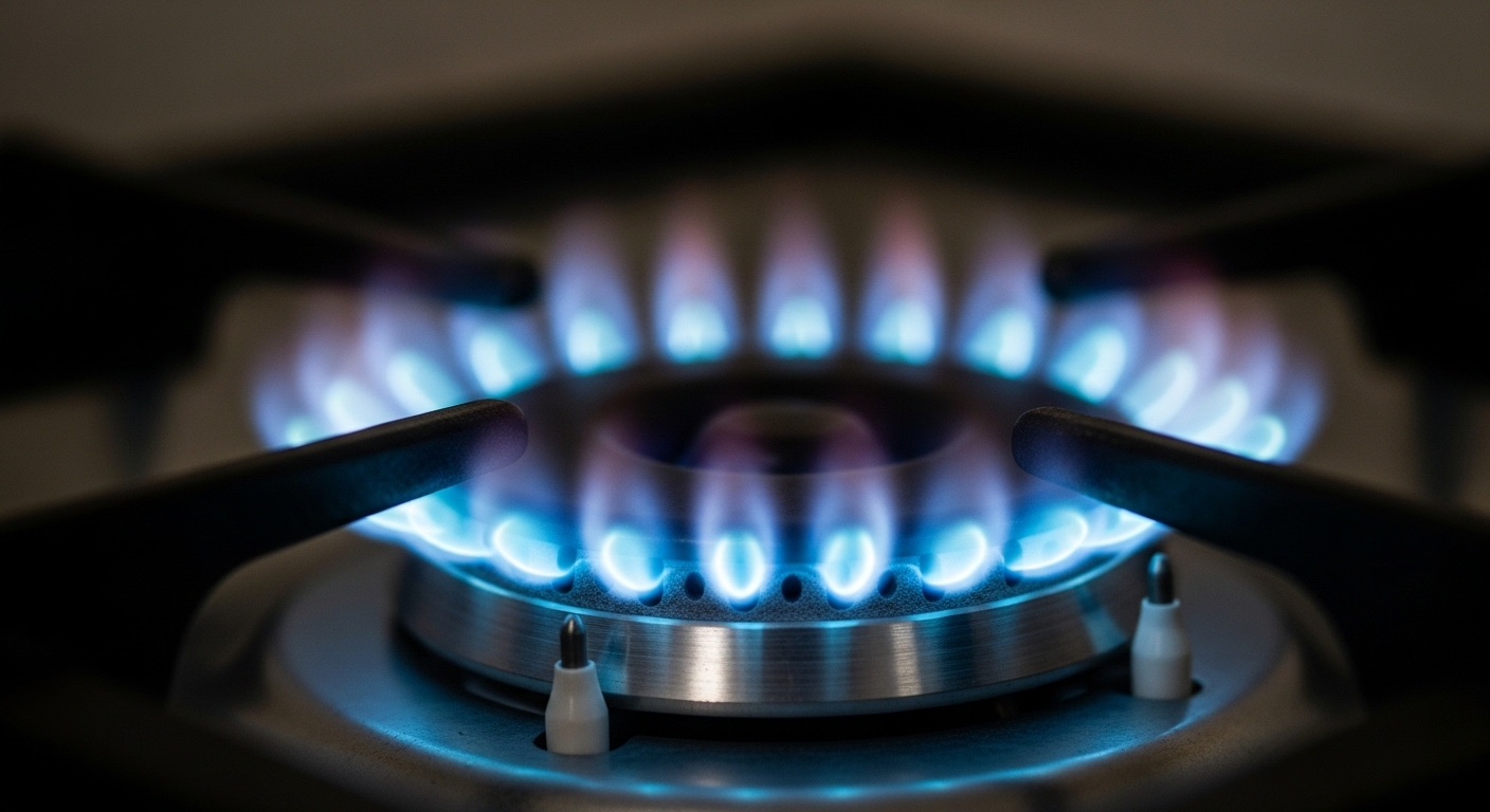 Cận cảnh đầu đốt bếp ga sạch với ngọn lửa xanh ổn định, cho thấy hiệu quả vệ sinh bếp ga tại nhà.