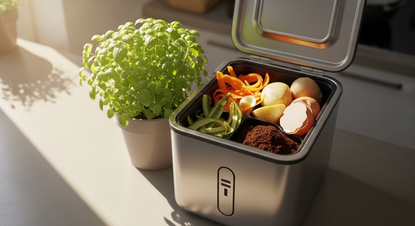 Thùng ủ phân mini hiện đại trên bàn bếp chứa vỏ rau củ, bã cà phê, minh họa mẹo vặt nhà bếp tái chế rác hữu cơ hiệu quả. Bên cạnh là chậu cây rau thơm xanh tươi.