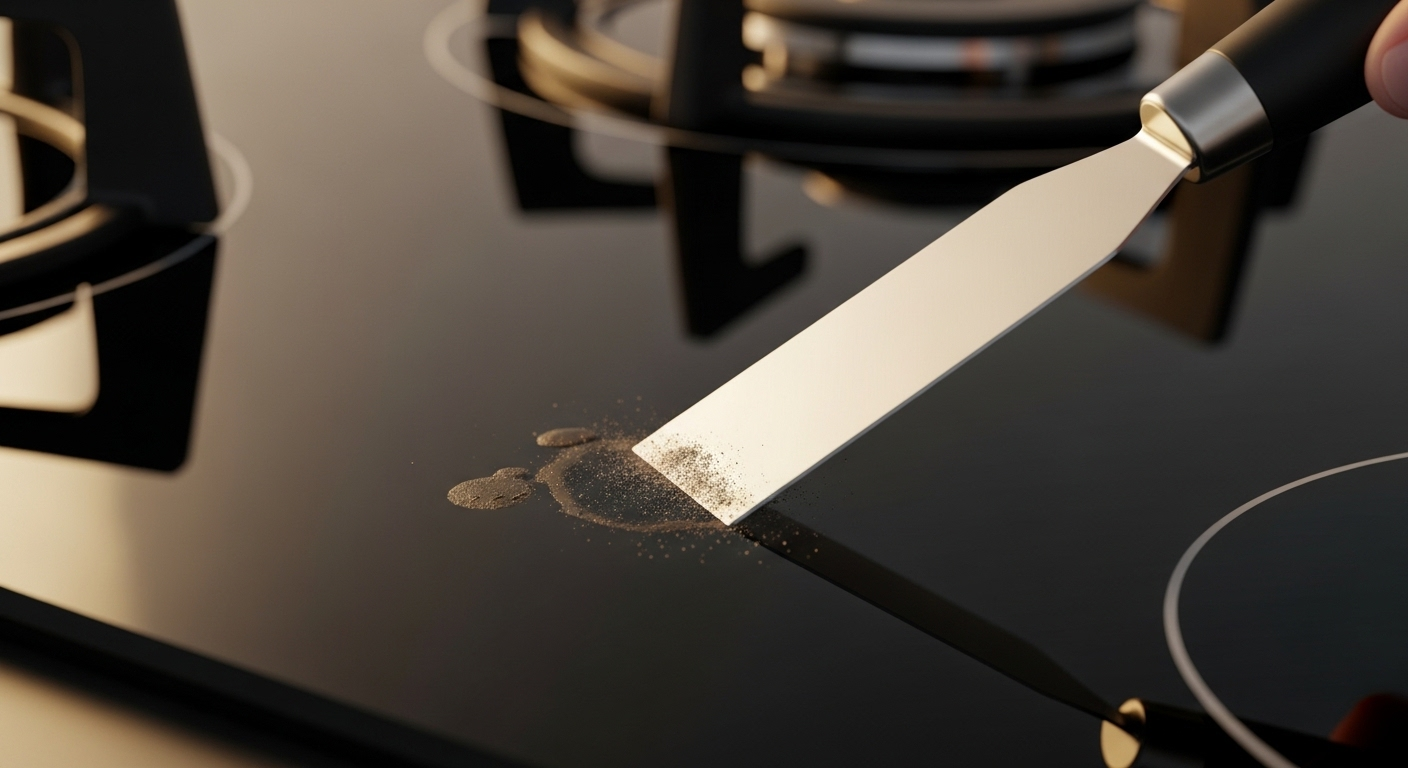 Dụng cụ cạo chuyên dụng đang nhẹ nhàng vệ sinh bếp gas kính đen, loại bỏ vết bẩn thức ăn cháy.