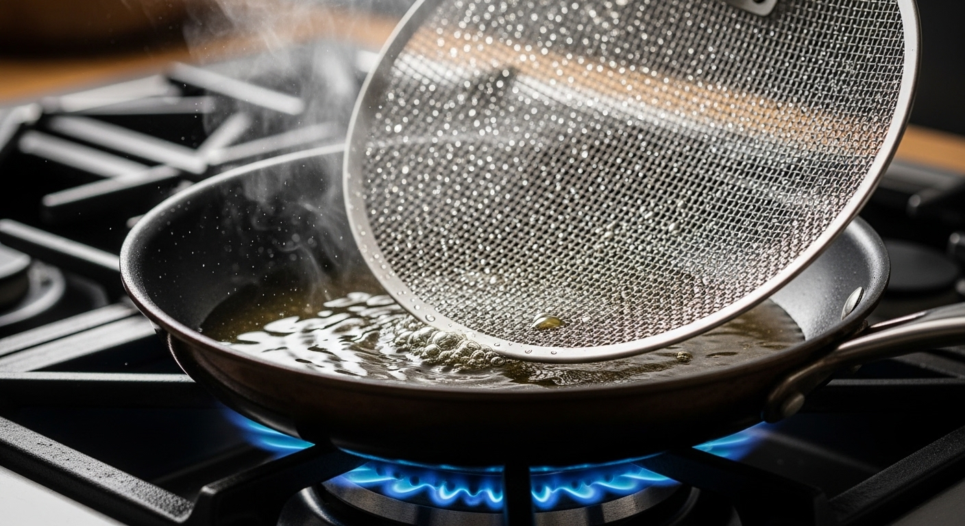 Tấm chắn dầu bắn bằng thép không gỉ đang bảo vệ bếp ga khỏi dầu mỡ khi chiên, giảm thiểu việc cần tìm hiểu cách làm sạch bếp ga. Ngọn lửa xanh đều.