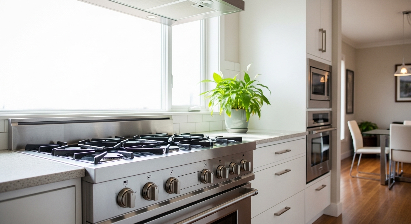 Bếp gas hiện đại sáng bóng, sạch tinh tươm với bề mặt phản chiếu trong không gian bếp gọn gàng và cây xanh. Đây là kết quả của cách vệ sinh bếp gas đúng chuẩn.