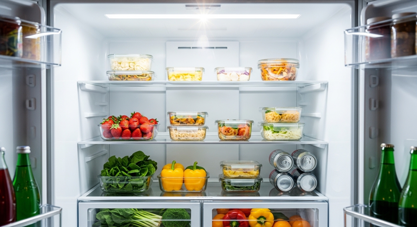 Nội thất tủ lạnh sạch tinh tươm, ngăn nắp với thực phẩm tươi ngon, chai lọ sắp xếp khoa học. Hình ảnh lý tưởng sau khi thực hiện cách vệ sinh tủ lạnh lâu ngày không dùng đúng chuẩn.