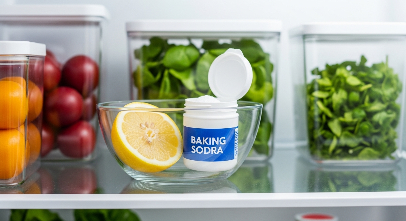 Bát chanh tươi và hộp baking soda đặt gọn gàng trong tủ lạnh sạch sẽ, minh họa các giải pháp tự nhiên cho cách vệ sinh tủ lạnh tại nhà hiệu quả.