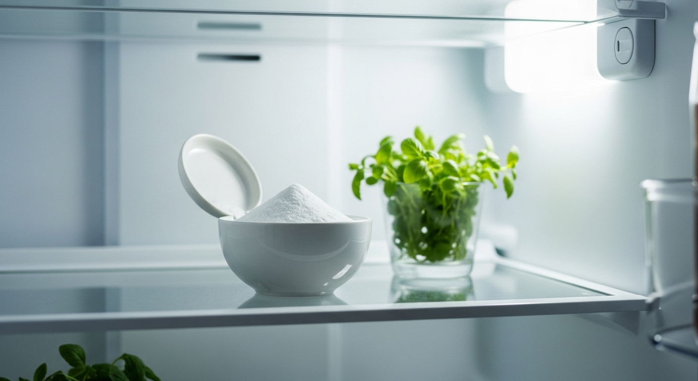 Bát baking soda trắng trong tủ lạnh sạch, mẹo nhỏ giúp khử mùi và vệ sinh tủ lạnh tự nhiên, giữ rau thơm tươi ngon.