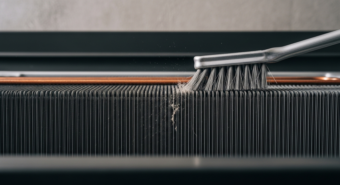 Cận cảnh dàn ngưng phía sau tủ lạnh đang được dùng cọ mềm làm sạch bụi, minh họa một bước quan trọng trong cách làm sạch tủ lạnh để duy trì hiệu suất.