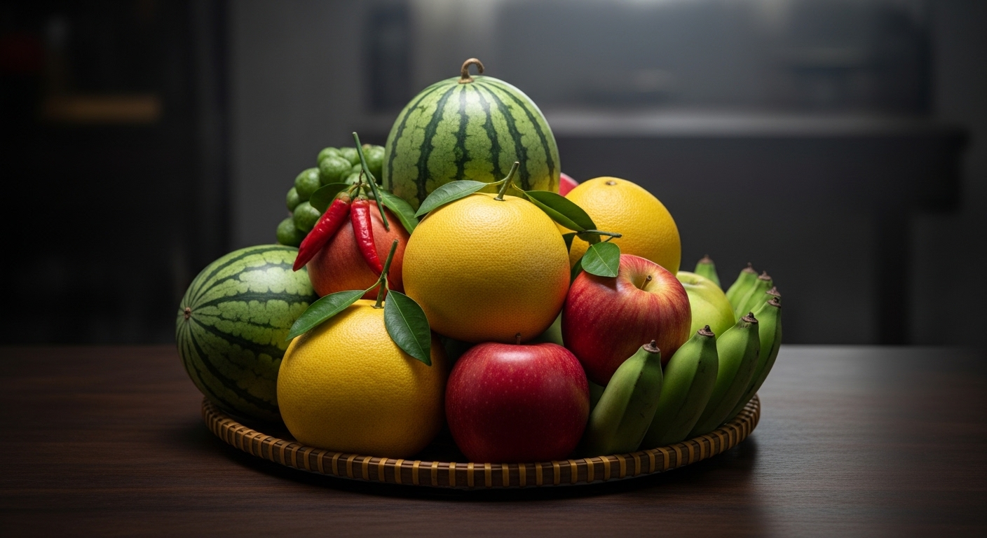 Mâm Ngũ Quả Tết truyền thống được bài trí tỉ mỉ với dưa hấu xanh, bưởi vàng, táo đỏ và chuối xanh trên bàn gỗ tối màu, tượng trưng cho sự sung túc trong các món ăn ngày Tết.