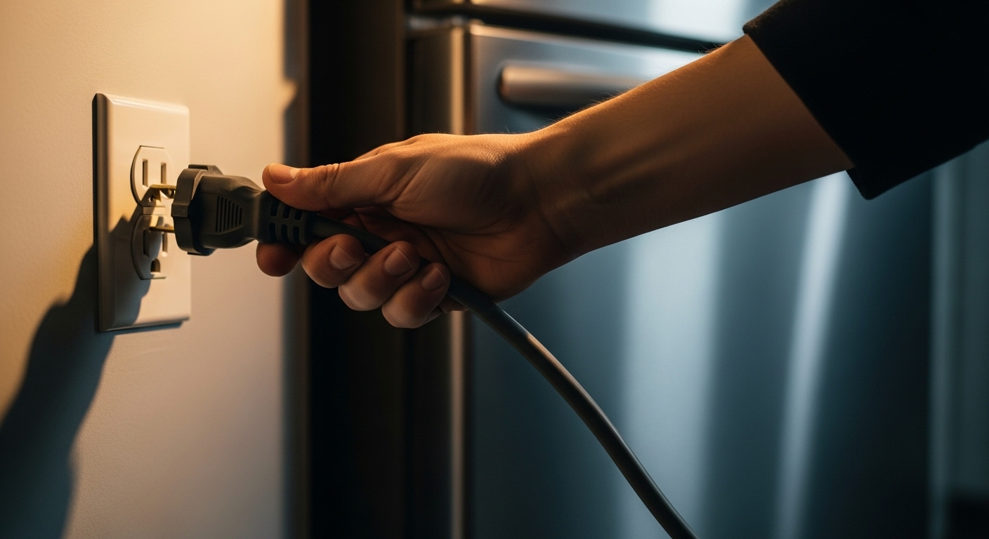 Tay rút phích cắm tủ lạnh an toàn, bước đầu tiên trong cách vệ sinh tủ lạnh định kỳ.