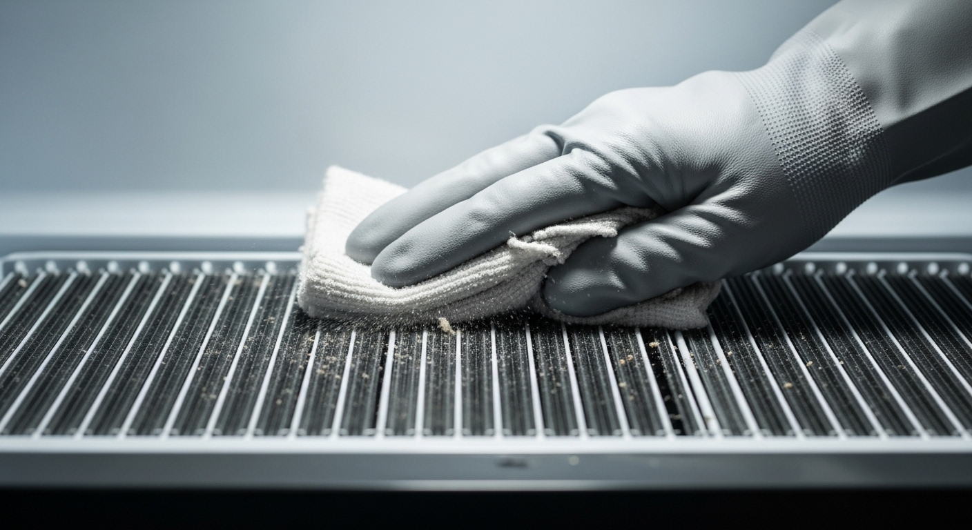 Cận cảnh tay đeo găng cẩn thận lau sạch bụi bẩn từ dàn nóng phía sau tủ lạnh.