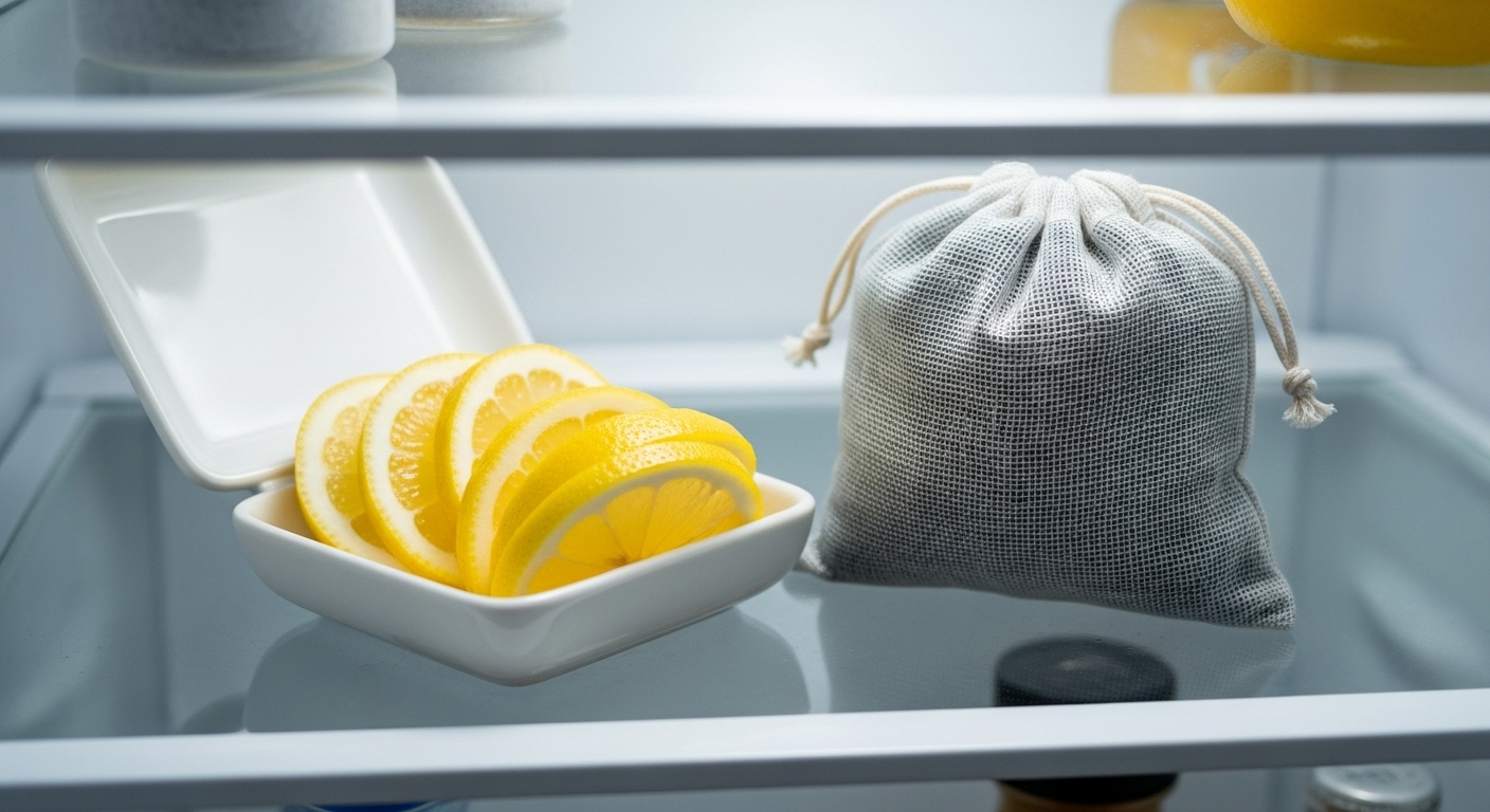 Lát chanh tươi và than hoạt tính đặt trong ngăn tủ lạnh để khử mùi, thể hiện một mẹo vệ sinh tủ lạnh đúng cách, giúp tủ luôn thơm mát.