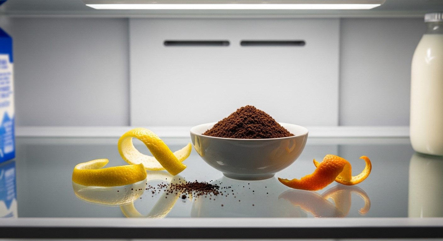 Bát bã cà phê và vỏ cam quýt trong tủ lạnh, gợi ý cách vệ sinh tủ lạnh tự nhiên để khử mùi hiệu quả.