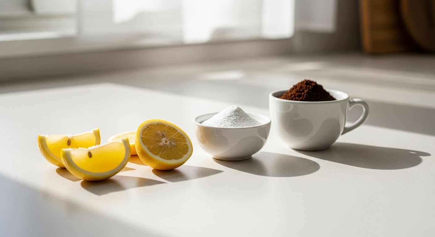 Chanh cắt lát, baking soda, và bã cà phê được sắp xếp gọn gàng trên bàn bếp sáng, minh họa các cách khử mùi hôi tủ lạnh tự nhiên và hiệu quả.