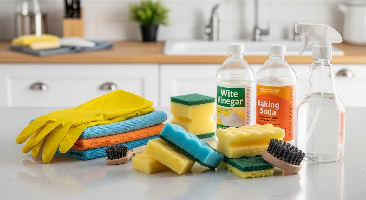 Bộ dụng cụ (găng tay, khăn) và nguyên liệu tự nhiên (giấm, baking soda) sắp xếp gọn gàng trên mặt bàn sạch, sẵn sàng cho cách vệ sinh tủ lạnh.