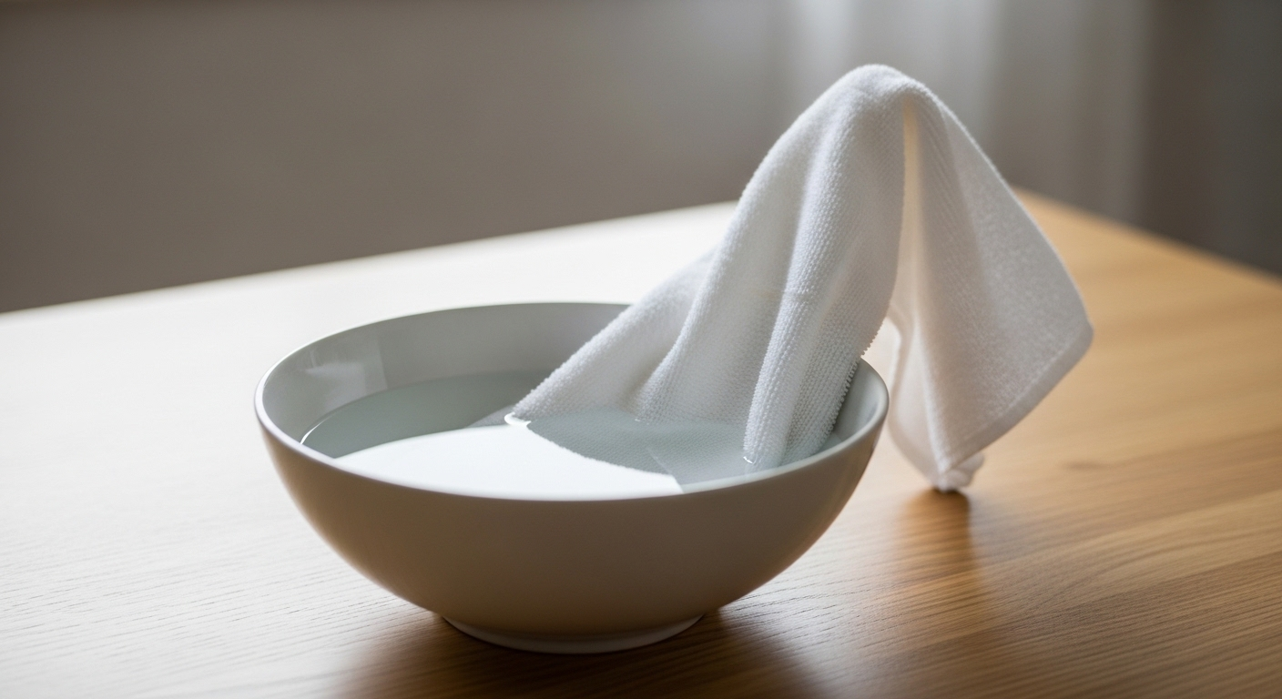 Bát gốm thanh lịch với khăn cotton trắng nhúng nước trên bàn gỗ, gợi ý bí quyết làm việc nhà sạch sẽ và tinh tươm.